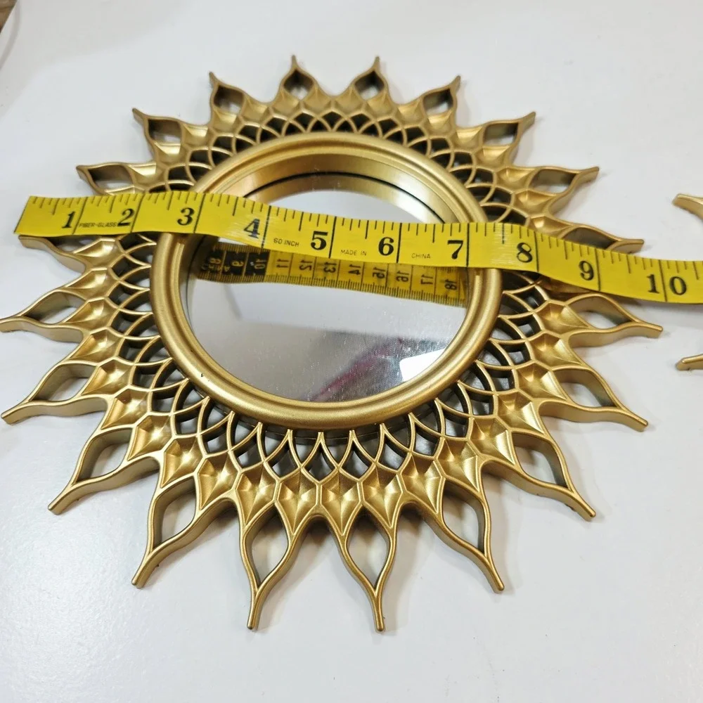 2 pc Decorative Wall Mirror Set Sunflower Starburst 10 Inch Plastic Gold Tone
